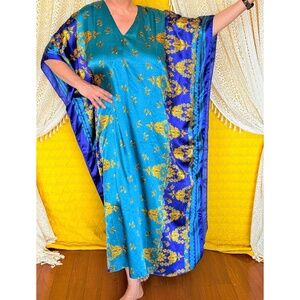 VTG 80s Mrs Roper Jewel Toned Satin Kimono Kaftan House Dress Grannycore OS